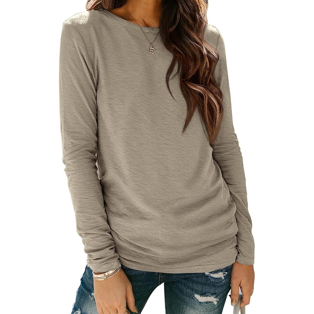 image:imageATHMILE Womens Long Sleeve Shirts Basic Tee Casual Tops Cotton Underscrub  Fall Clothes Loose Fit Winter Fashion Teen Girl School Outfits Teacher Ladies BusinessKhaki