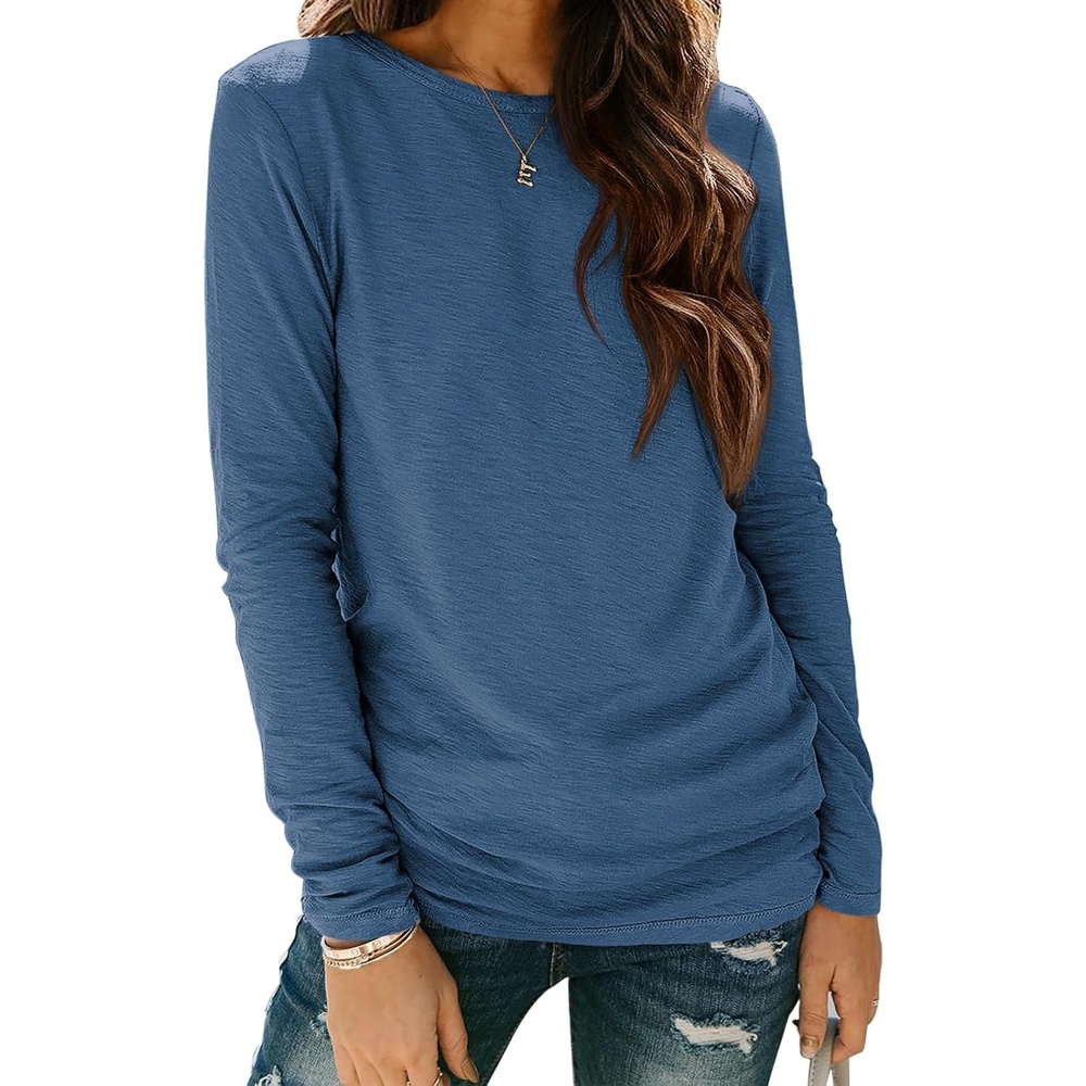 image:imageATHMILE Womens Long Sleeve Shirts Basic Tee Casual Tops Cotton Underscrub  Fall Clothes Loose Fit Winter Fashion Teen Girl School Outfits Teacher Ladies BusinessBlue
