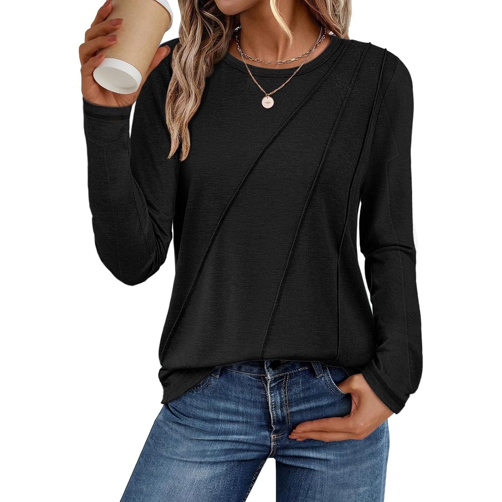 image:imageATHMILE Womens Long Sleeve Shirts Pleated Crew Neck Casual Tops Fall Fashion Loose Fit School Outfits Teacher Basic Clothes Vacation TrendyBlack