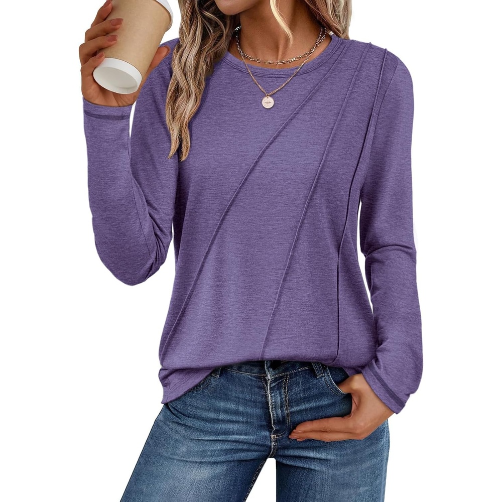 image:imageATHMILE Womens Long Sleeve Shirts Pleated Crew Neck Casual Tops Fall Fashion Loose Fit School Outfits Teacher Basic Clothes Vacation TrendyPurple