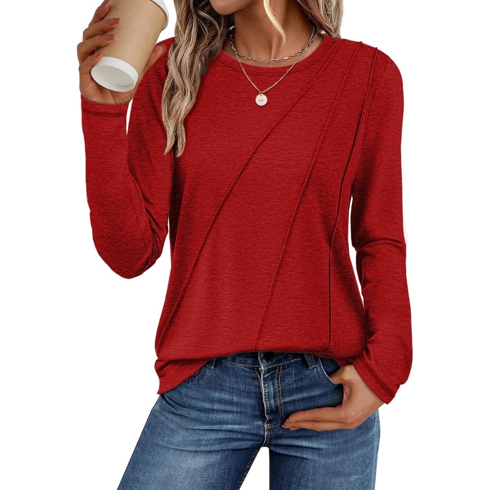 image:imageATHMILE Womens Long Sleeve Shirts Pleated Crew Neck Casual Tops  Fall Fashion Loose Fit School Outfits Teacher Basic Clothes Vacation TrendyRed