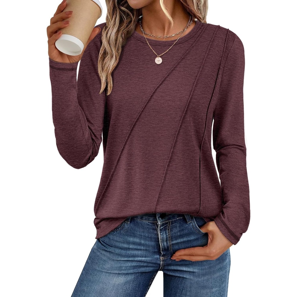image:imageATHMILE Womens Long Sleeve Shirts Pleated Crew Neck Casual Tops Fall Fashion Loose Fit School Outfits Teacher Basic Clothes Vacation TrendyWine Red