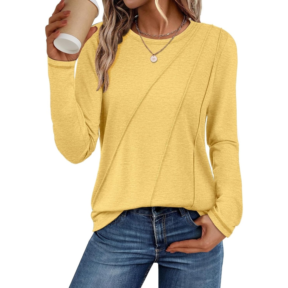 image:imageATHMILE Womens Long Sleeve Shirts Pleated Crew Neck Casual Tops Fall Fashion Loose Fit School Outfits Teacher Basic Clothes Vacation TrendyYellow