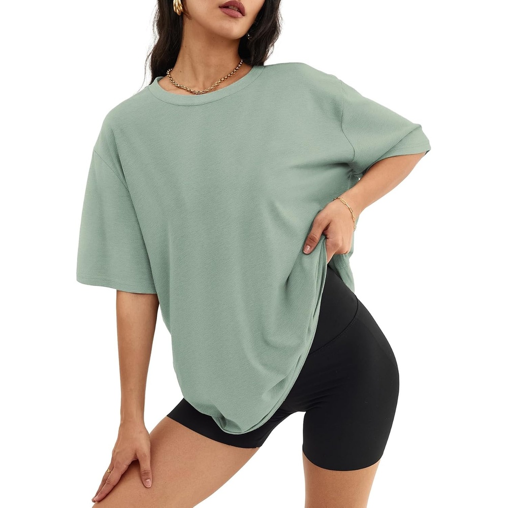 image:imageATHMILE Womens Oversized T Shirts Short Sleeve Workout Tops Cotton Casual Loose Fit Basic Graphics Gym Summer Plus Size Fashion ClothesGrey Green