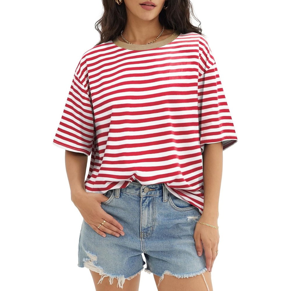 image:imageATHMILE Womens Oversized T Shirts Short Sleeve Workout Tops  Cotton Casual Loose Fit Basic Graphics Gym Summer Plus Size Fashion ClothesStriped Red  White