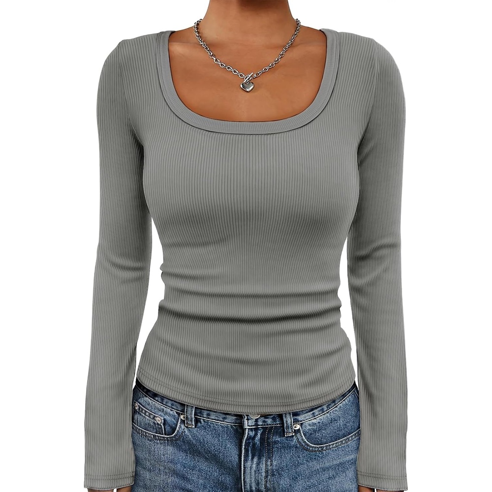 image:imageATHMILE Womens Scoop Neck Long Sleeve Tops Fashion Ribbed Knit Shirts Slim Fitted Casual Basic Tee T Shirt for Women 2026Agrey
