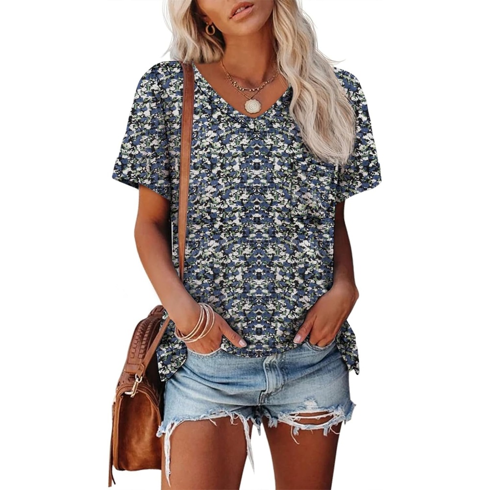 image:imageATHMILE Womens T Shirts Short Sleeve V Neck Summer Tops Basic Tees Lightweight Breathable Casual Sorf Plus Size Spring Summer Tops ClothesBlue Flowers