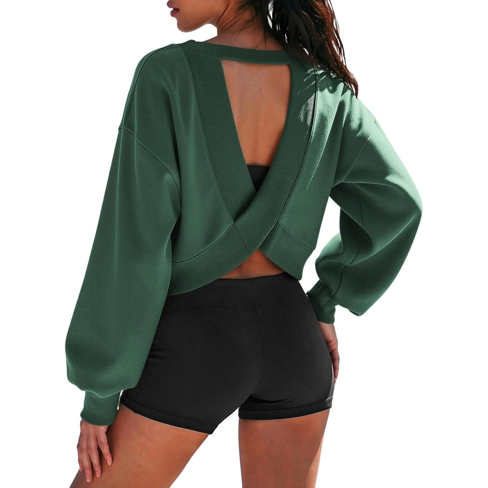 image:imageATHMILE Womens V Neck Crop Top Long Sleeve Sweatshirt Open Back Tops for Women Fashion Sexy Y2K Casual Fall Clothes 2026Dark Green