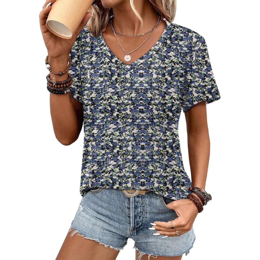 image:imageATHMILE Womens V Neck Short Sleeve Summer T Shirts Curved Hem Plain Top Lightweight Breathable Casual Spring Summer TeeBlue Flowers