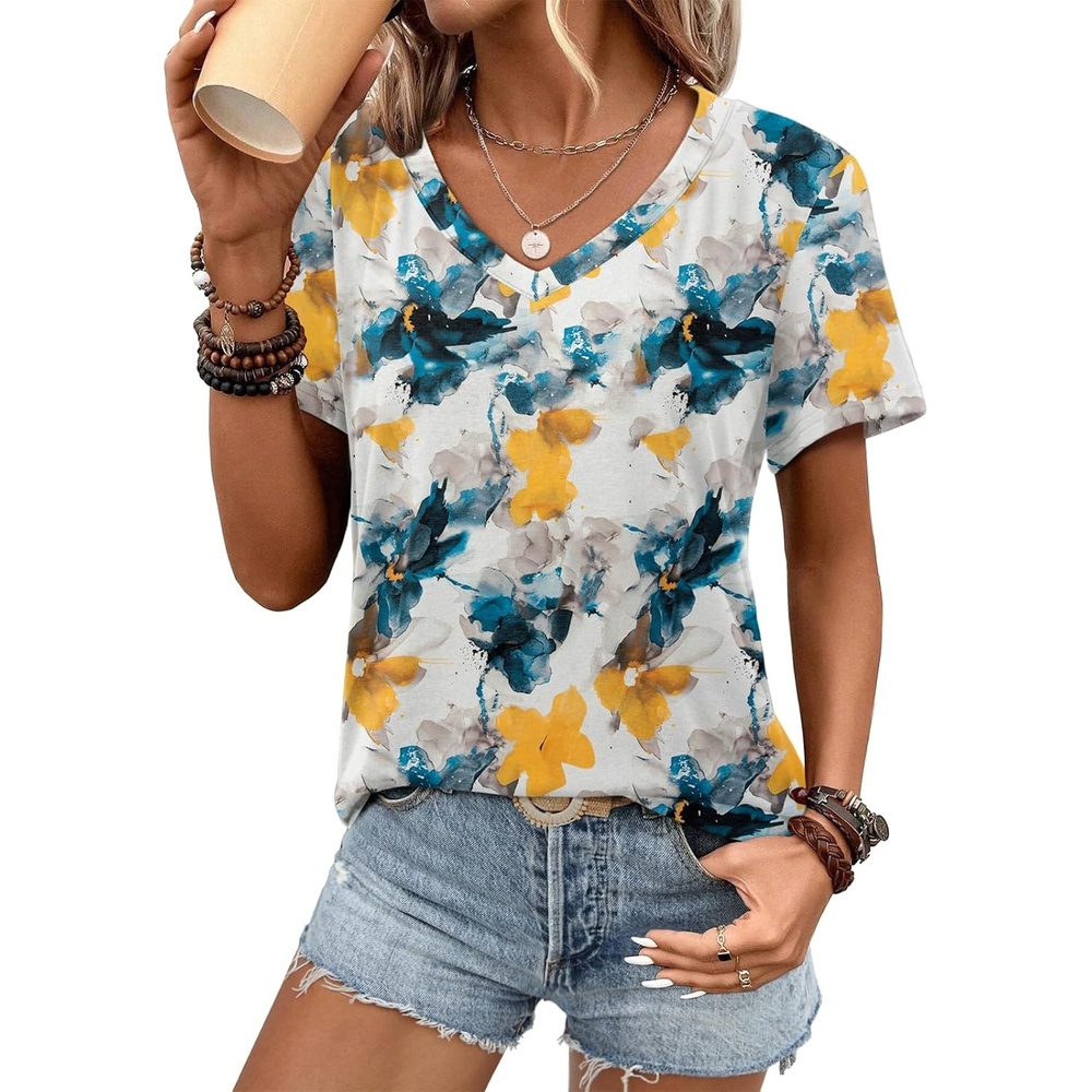 image:imageATHMILE Womens V Neck Short Sleeve Summer T Shirts Curved Hem Plain Top Lightweight Breathable Casual Spring Summer TeeMulti Teal