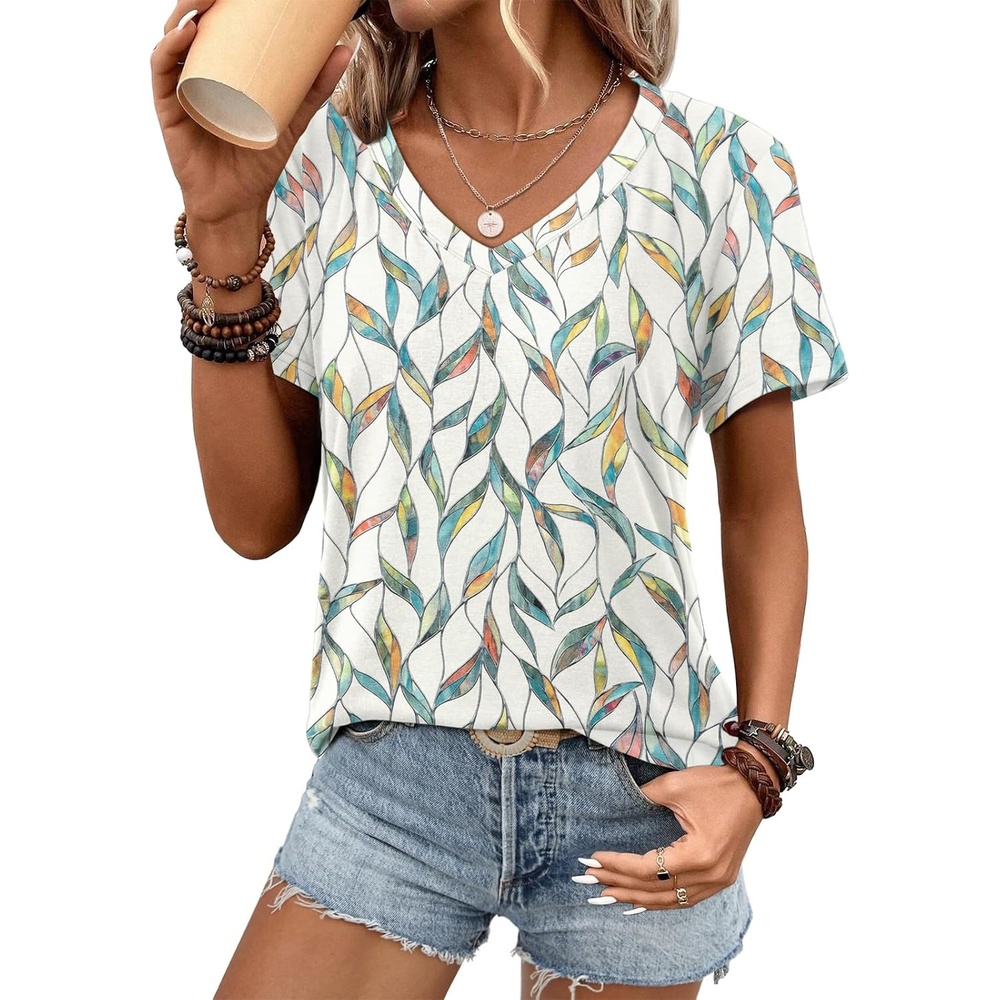 image:imageATHMILE Womens V Neck Short Sleeve Summer T Shirts Curved Hem Plain Top Lightweight Breathable Casual Spring Summer TeeMultileaf