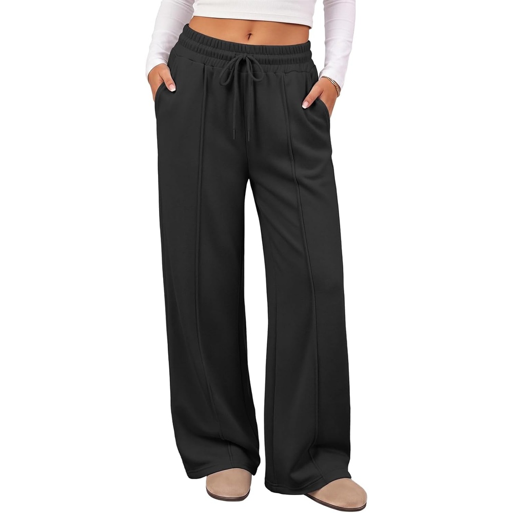 image:imageATHMILE Womens Wide Leg Fleece Sweatpants High Waisted Teen Girl Pants Fall Fashion Winter Clothes Lounge Travel Joggers With PocketsBlack