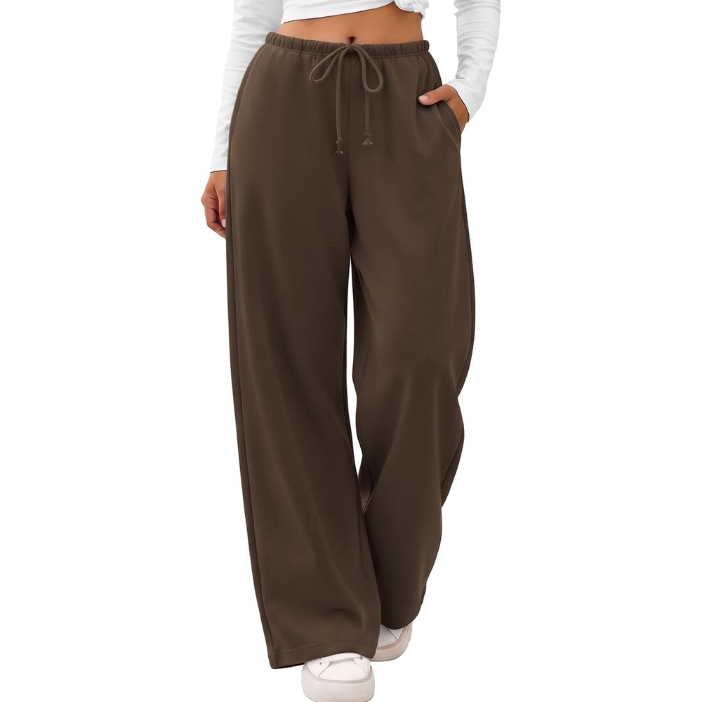 image:imageATHMILE Womens Wide Leg Fleece Sweatpants Lounge with Pocket  Fall Cozy Fleece Sweat PantsLow Waist Streetwear DrawstringBaggy Teen Girl JoggerBrown