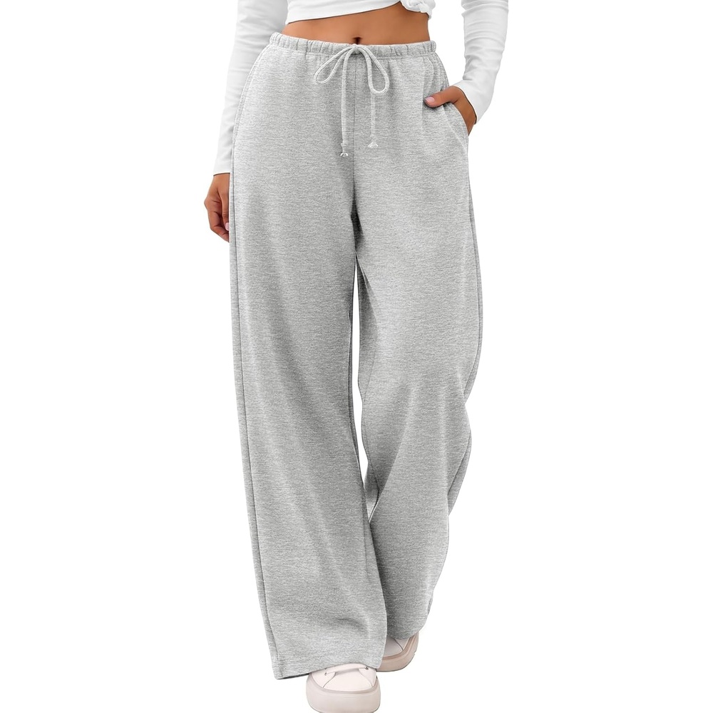 image:imageATHMILE Womens Wide Leg Fleece Sweatpants Lounge with Pocket  Fall Cozy Fleece Sweat PantsLow Waist Streetwear DrawstringBaggy Teen Girl JoggerGrey