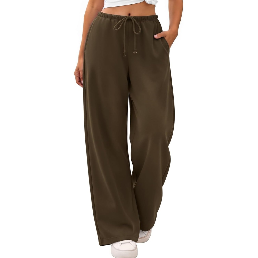 image:imageATHMILE Womens Wide Leg Sweatpants with Pockets Fall Fashion Lounge Travel PantsLow Waist Streetwear DrawstringBaggy Teen Girl JoggerCoffee