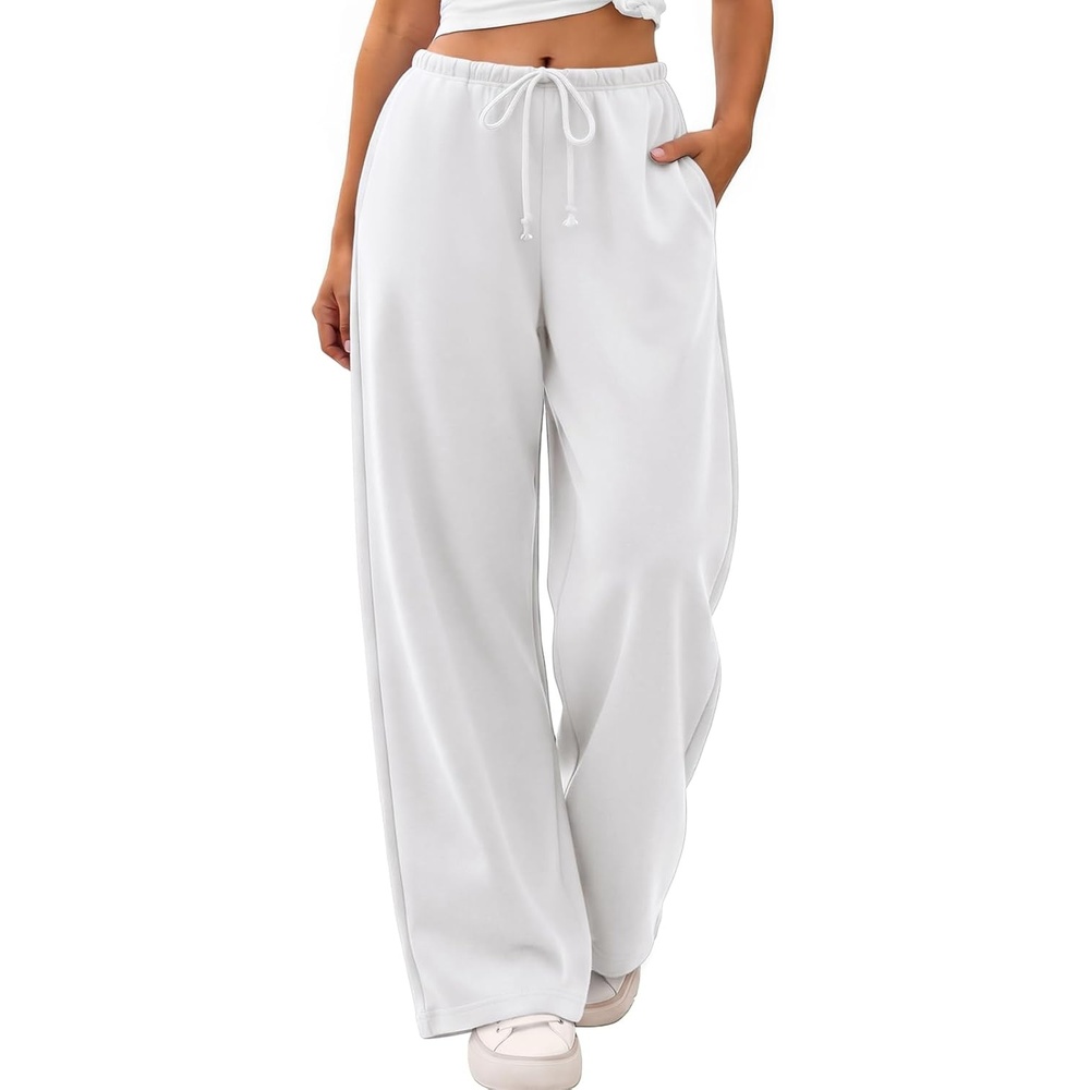 image:imageATHMILE Womens Wide Leg Sweatpants with Pockets Fall Fashion Lounge Travel PantsLow Waist Streetwear DrawstringBaggy Teen Girl JoggerWhite