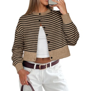 ATHMILE Cropped Cardigan Sweaters for Women Lightweight Crop Knit Y2k Fall Spring Outfits Fashion Clothes 2026(Khaki Black Stripes)
