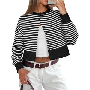 ATHMILE Cropped Cardigan Sweaters for Women Lightweight Crop Knit Y2k Fall Spring Outfits Fashion Clothes 2026(White Black Stripes)