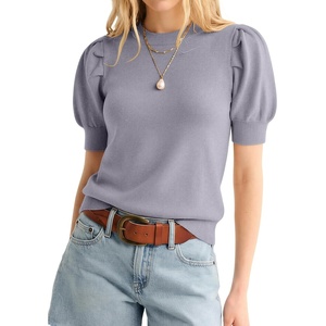 ATHMILE Short Sleeve Sweater for Women 2026 Spring Summer Blouses Crewneck Knit Puff Sleeve Dressy Casual Trendy Shirts(A-gray Blue)