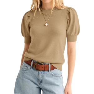 ATHMILE Short Sleeve Sweater for Women 2026 Spring Summer Blouses Crewneck Knit Puff Sleeve Dressy Casual Trendy Shirts(A-khaki)