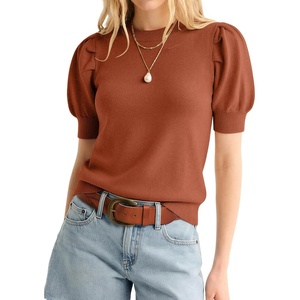 ATHMILE Short Sleeve Sweater for Women 2026 Spring Summer Blouses Crewneck Knit Puff Sleeve Dressy Casual Trendy Shirts(A-orange)