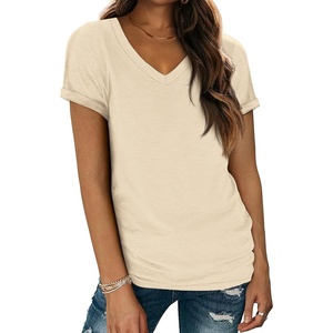 ATHMILE T Womens Short Sleeve T-Shirts V Neck Summer Tops Basic Tees | Lightweight Breathable Casual Sorf Spring Summer Workout Outfits Clothes(Cream)