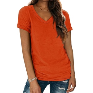 ATHMILE T Womens Short Sleeve T-Shirts V Neck Summer Tops Basic Tees | Lightweight Breathable Casual Sorf Spring Summer Workout Outfits Clothes(Orange)