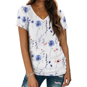ATHMILE T Womens Short Sleeve T-Shirts V Neck Summer Tops Basic Tees | Lightweight Breathable Casual Sorf Spring Summer Workout Outfits Clothes(White-flower)