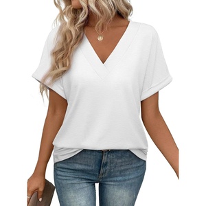 ATHMILE V Neck T Shirts for Women Summer Tops Soft Casual Short Sleeve Cute Basic Trendy Outfits 2025(White)