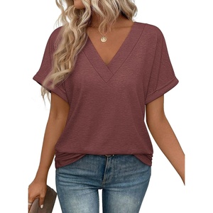 ATHMILE V Neck T Shirts for Women Summer Tops Soft Casual Short Sleeve Cute Basic Trendy Outfits 2025(Wine Red)