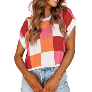 ATHMILE Womens Cap Sleeve Tops Color Block Crop Sweater Going Out Crew Neck Knit Shirts Business Casual Outfits(Red)