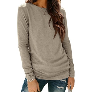 ATHMILE Womens Long Sleeve Shirts Basic Tee Casual Tops Cotton Underscrub | Fall Clothes Loose Fit Winter Fashion Teen Girl School Outfits Teacher Ladies Business(Khaki)