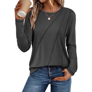 ATHMILE Womens Long Sleeve Shirts Pleated Crew Neck Casual Tops | Fall Fashion Loose Fit School Outfits Teacher Basic Clothes Vacation Trendy(Black Grey)