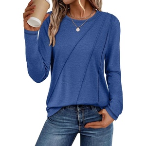 ATHMILE Womens Long Sleeve Shirts Pleated Crew Neck Casual Tops | Fall Fashion Loose Fit School Outfits Teacher Basic Clothes Vacation Trendy(Blue)
