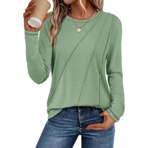 ATHMILE Womens Long Sleeve Shirts Pleated Crew Neck Casual Tops | Fall Fashion Loose Fit School Outfits Teacher Basic Clothes Vacation Trendy(Light Green)