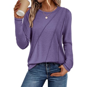 ATHMILE Womens Long Sleeve Shirts Pleated Crew Neck Casual Tops | Fall Fashion Loose Fit School Outfits Teacher Basic Clothes Vacation Trendy(Purple)
