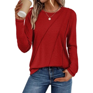 ATHMILE Womens Long Sleeve Shirts Pleated Crew Neck Casual Tops | Fall Fashion Loose Fit School Outfits Teacher Basic Clothes Vacation Trendy(Red)