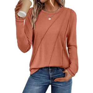 ATHMILE Womens Long Sleeve Shirts Pleated Crew Neck Casual Tops | Fall Fashion Loose Fit School Outfits Teacher Basic Clothes Vacation Trendy(Rust)