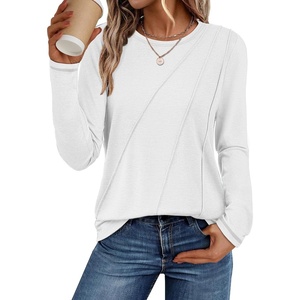 ATHMILE Womens Long Sleeve Shirts Pleated Crew Neck Casual Tops | Fall Fashion Loose Fit School Outfits Teacher Basic Clothes Vacation Trendy(White)