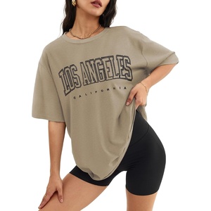 ATHMILE Womens Oversized T Shirts Short Sleeve Workout Tops | Cotton Casual Loose Fit Basic Graphics Gym Summer Plus Size Fashion Clothes(Khaki-p)
