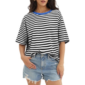 ATHMILE Womens Oversized T Shirts Short Sleeve Workout Tops | Cotton Casual Loose Fit Basic Graphics Gym Summer Plus Size Fashion Clothes(Striped (Black & White))