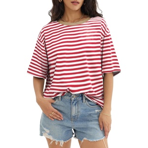 ATHMILE Womens Oversized T Shirts Short Sleeve Workout Tops | Cotton Casual Loose Fit Basic Graphics Gym Summer Plus Size Fashion Clothes(Striped (Red & White))