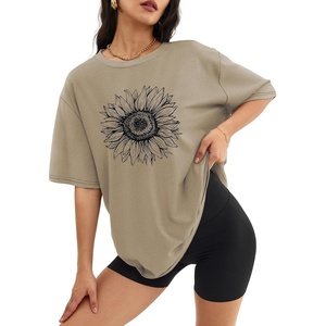 ATHMILE Womens Oversized T Shirts Short Sleeve Workout Tops | Cotton Casual Loose Fit Basic Graphics Gym Summer Plus Size Fashion Clothes(Sunflower Print Khaki)