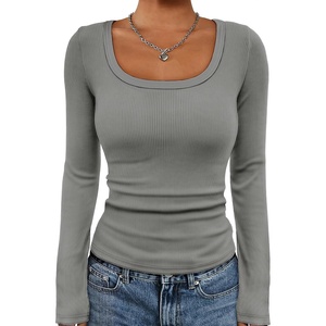 ATHMILE Womens Scoop Neck Long Sleeve Tops Fashion Ribbed Knit Shirts Slim Fitted Casual Basic Tee T Shirt for Women 2026(A-grey)