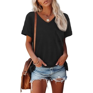 ATHMILE Womens T Shirts Short Sleeve V Neck Summer Tops Basic Tees | Lightweight Breathable Casual Sorf Plus Size Spring Summer Tops Clothes(Black)