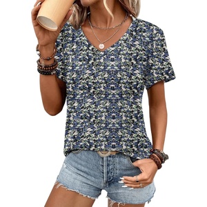 ATHMILE Womens V Neck Short Sleeve Summer T Shirts Curved Hem Plain Top | Lightweight Breathable Casual Spring Summer Tee(Blue Flowers)