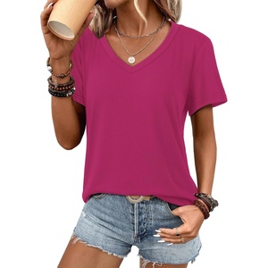 ATHMILE Womens V Neck Short Sleeve Summer T Shirts Curved Hem Plain Top | Lightweight Breathable Casual Spring Summer Tee(Hot Pink)