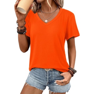 ATHMILE Womens V Neck Short Sleeve Summer T Shirts Curved Hem Plain Top | Lightweight Breathable Casual Spring Summer Tee(Orange)