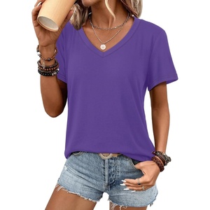 ATHMILE Womens V Neck Short Sleeve Summer T Shirts Curved Hem Plain Top | Lightweight Breathable Casual Spring Summer Tee(Purple)