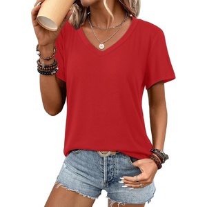 ATHMILE Womens V Neck Short Sleeve Summer T Shirts Curved Hem Plain Top | Lightweight Breathable Casual Spring Summer Tee(Red)